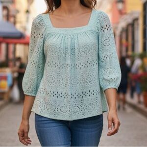 LC LAUREN CORAD BOHO TURQUOISE CASUAL EYELET OVERLAY PASTEL TOP BLOUSE SIZE XS